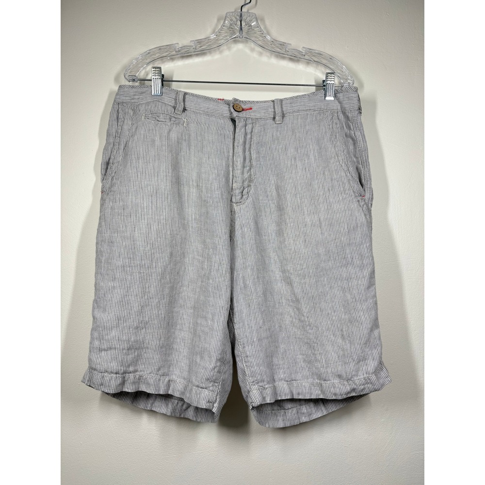 Tommy Bahama Mens Shorts 34 Gray White Striped 100% Linen Relaxed Coastal Summer